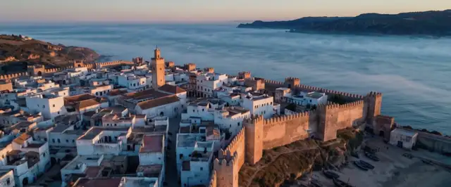 طنجة من الأعلى عند الفجر، وسورها على البحر